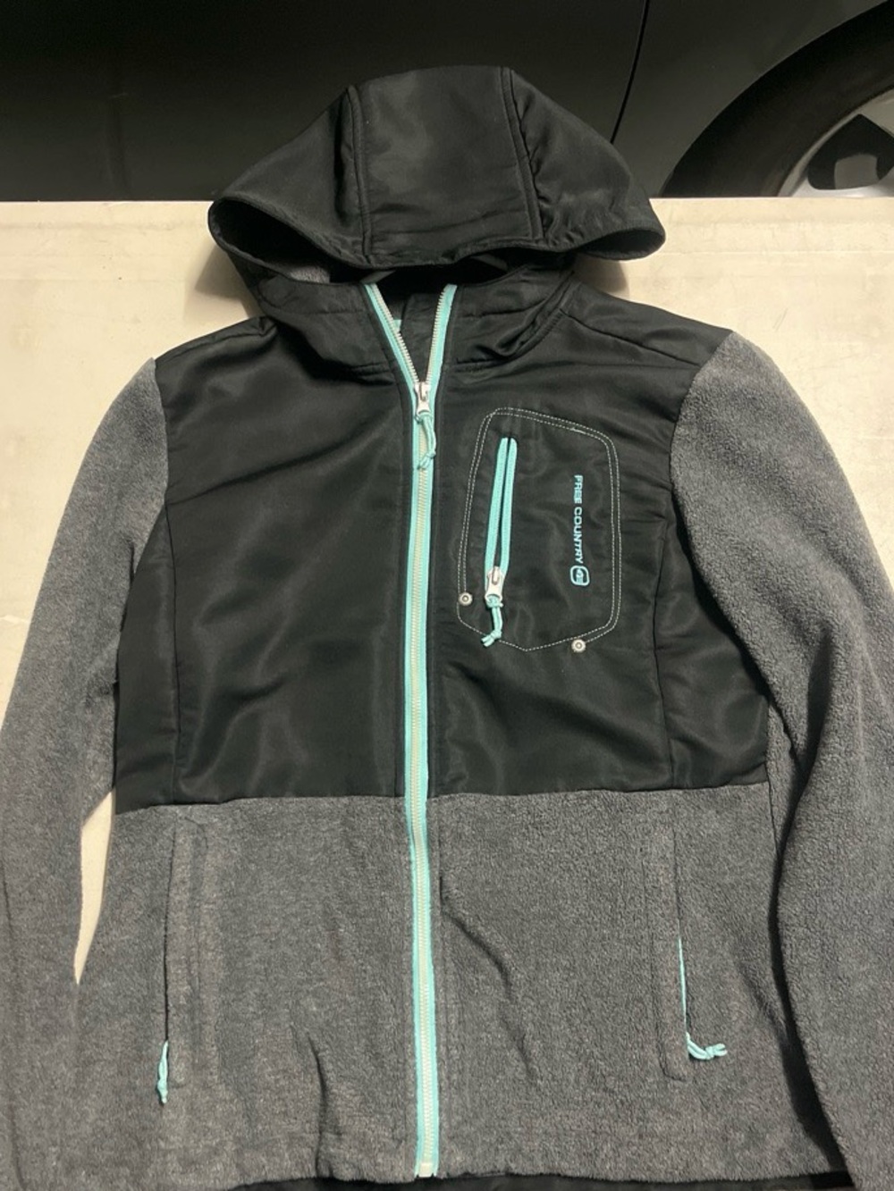 Free Country Women’s Small Hooded Fleece Jacket Gray Black Aqua Full Zip